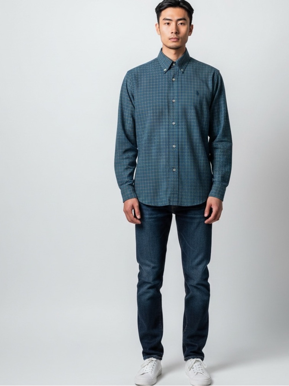 Ralph Lauren Slim Fit 100% Cotton Stretch Blue & Green Tartan Plaid Shirt Large